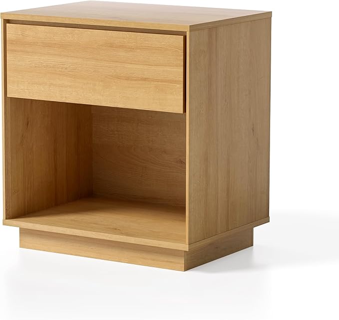 EYYTHUNG Modern Nightstand, Wood End Side Table with Storage and Open Shelf, Farmhouse Accent Night Stand Bedside Table for Bedroom, Natural Oak
