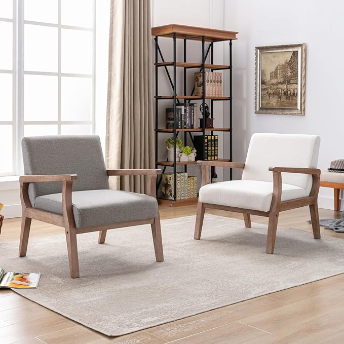 BESTANO Accent Chair Mid Century Modern Armchair, Linen Upholstered Living Room Accent Armchair with Wood Frame, Farmhouse Chair Indoor Corner Chair for Living Room Bedroom, Ivory