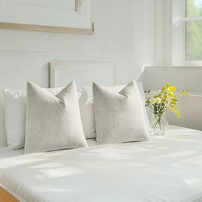 HAUSSY Natural White Wood Throw Pillow Covers 18x18 Inch Set of 2,Boho Decorative Faux Linen Throw Pillows Cozy Farmhouse Accent Cushion Covers,Home Decor for Couch Sofa Bed Living Room