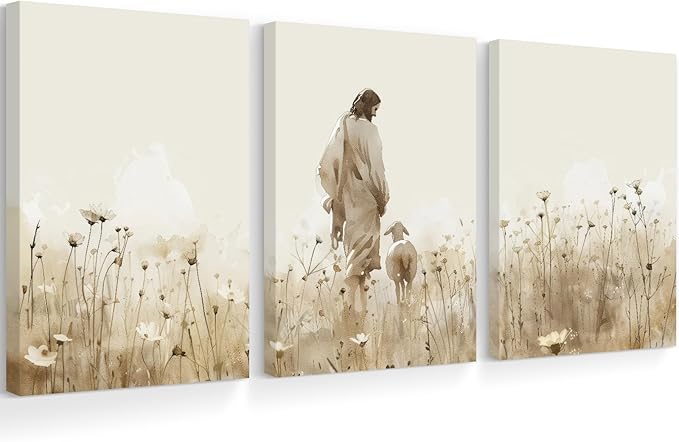 Jesus Leaves the 99 Sheep Wall Art Christian Canvas Poster Jesus and Lamb Wall Decor Religious Pictures Lost Sheep Painting God Christ Painting Artwork for Bedroom Living Room 12x16x3 Inch Ready to Hang
