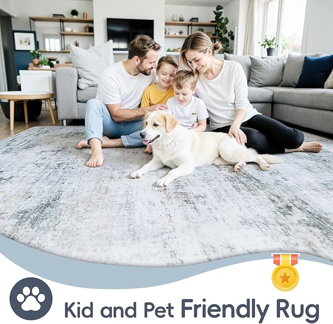 9x12 Area Rugs Washable Rug:Anti-Skid Abstract Modern Living Room Rug Soft Thin Carpets Indoor Floor Non-Shedding Carpet for Bedroom Dining Farmhouse Nursery Home Office(Blue/Grey/Gold/White, 9x12)