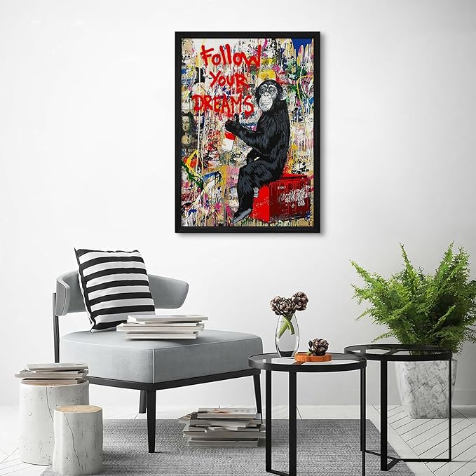 Banksy Canvas Wall Art Monkey Follow Your Dreams Street Graffiti Wall Art Banksy Prints Gorilla Poster Monkey Artwork Graffiti Pictures Painting for Home Living Room Decor 12x16 Inch Black Framed