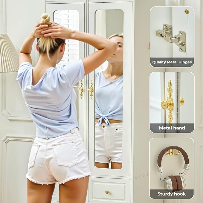 69.5" H Armoire Wardrobe Closet, Wood Bedroom Armoires Cabinet with Mirror Door and 3 Drawers, White Clothing Storage Cabinet with Hanging Rod & Sensor Light for Bedroom(Left)