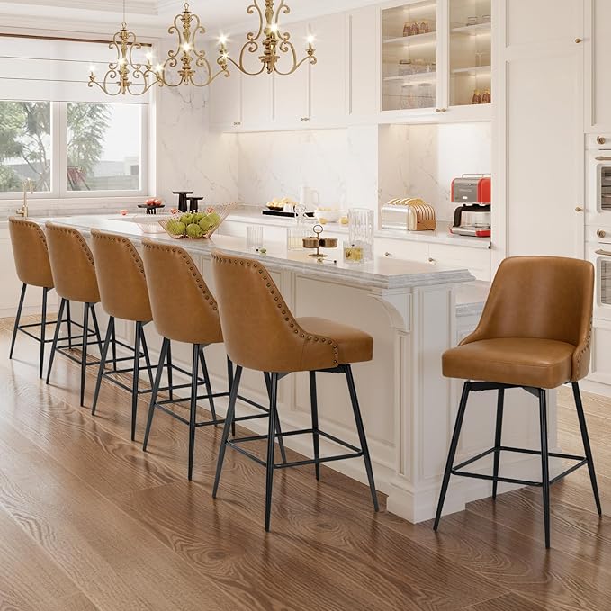 MALOL Bar Stools Set of 6, 26" Swivel Counter Height Chairs with Back,Thick Padded Seat & Footrest,Modern Faux Leather Barstool for Kitchen Island,Dining Room,Pub,Brown