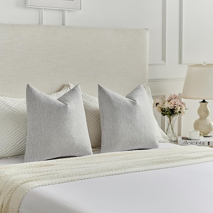 FUTEI Light Grey Chenille Decorative Throw Pillow Covers 26x26 Inch Set of 2,Soft Cozy Faux Linen Textured Euro Pillow Shams,Farmhouse Home Decor for Couch Living Room