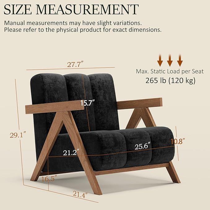 Modern Accent Chair for Living Room Bedroom,Comfy Chenille Reading Chair with Wood Frame,Oversized Upholstered Lounge Armchair with Thick High-Elastic Sponge for Apartment & Waiting Room (Black,1)