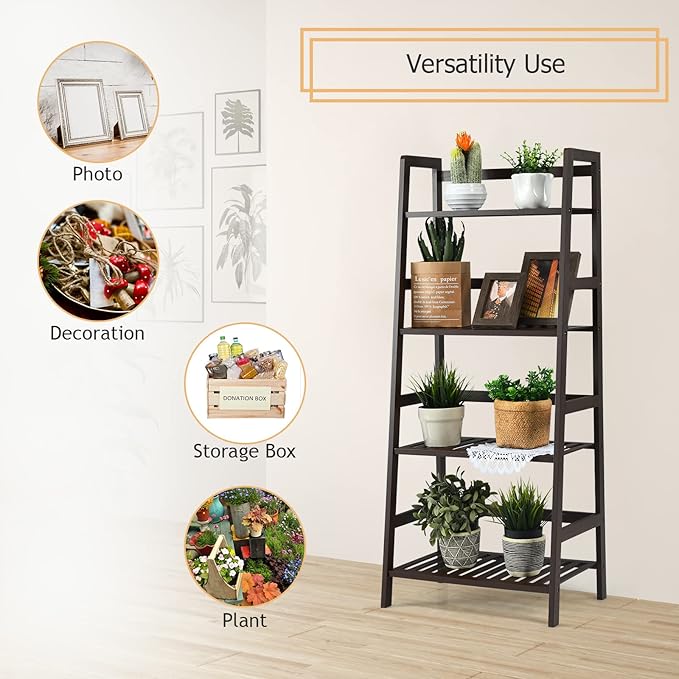 COSTWAY 4-Tier Ladder Shelf, Bamboo Plant Stand Rack, Freestanding Bookshelf, Multifunctional Storage Shelves, Flower Stand Rack Holder for Garden, Balcony, Living Room, Bedroom (Coffee)