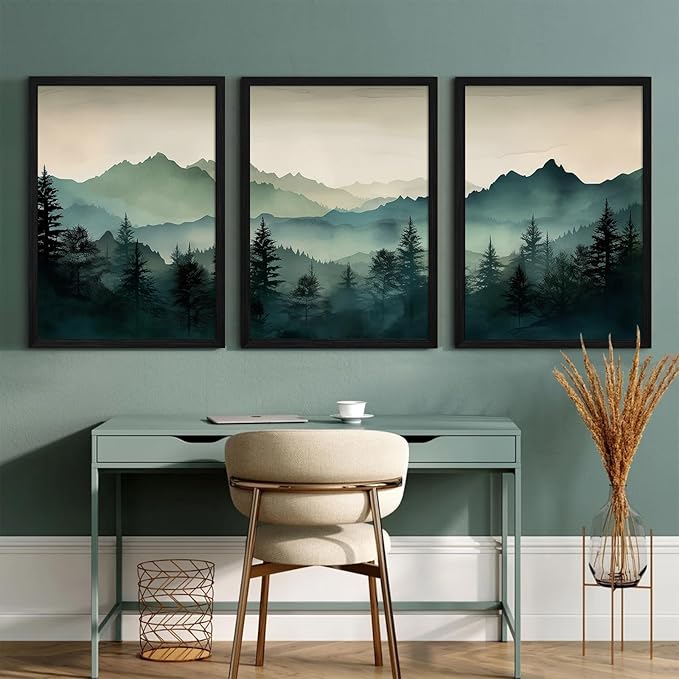 Mountain Wall Art Decor Set of 3 Sage Green Forest Canvas Wall Art Prints Nature Landscape Wall Decor Watercolor Pine Tree Pictures Abstract Modern Painting for Living Room Bedroom 12x16 Inch Framed