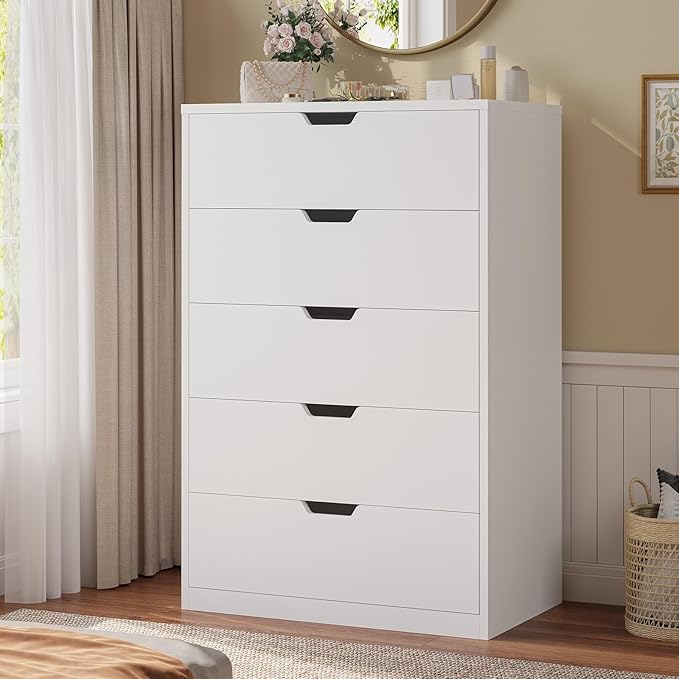 HAUOMS Tall 5 Drawer Dresser, White Modern Chest of Drawers for Bedroom,Closet Dressers with Drawers for Living Room, Entryway, Hallway