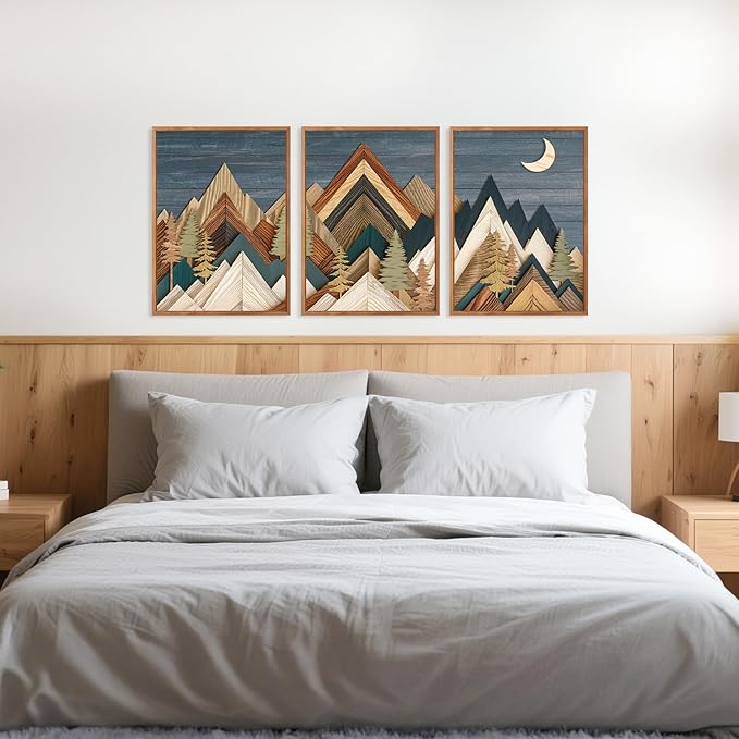 HPINUB Mountain Woodcut Style Framed Canvas Wall Art, (Set of 3,12X16 Inch) Vintage Pine Tree Wall Decor, Nature Country Wilderness Forest Artwork,Modern Navy blue Art Prints for Living Room,Bedroom