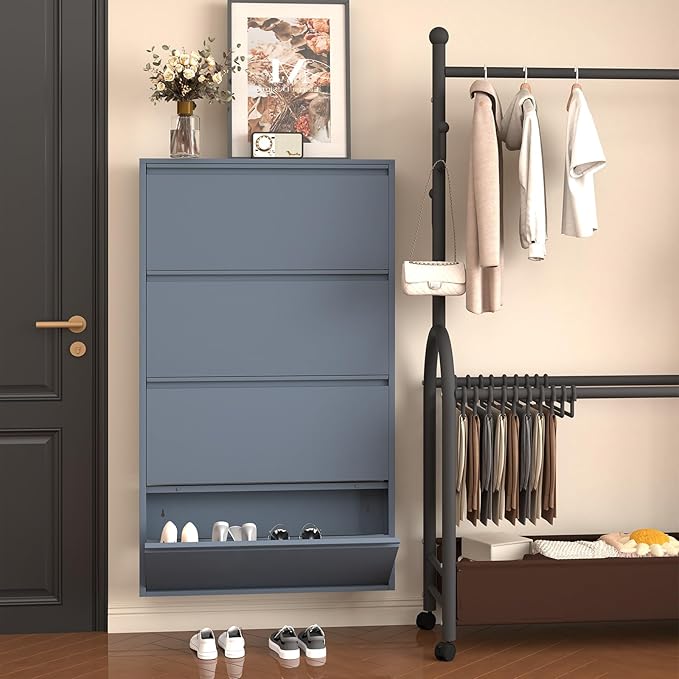 LUCYPAL Shoe Storage Cabinet with 4 Flip Drawers,Hidden Slim Shoe Cabinet,Wall Mount Metal Shoe Cabinet for Entryway, Blue