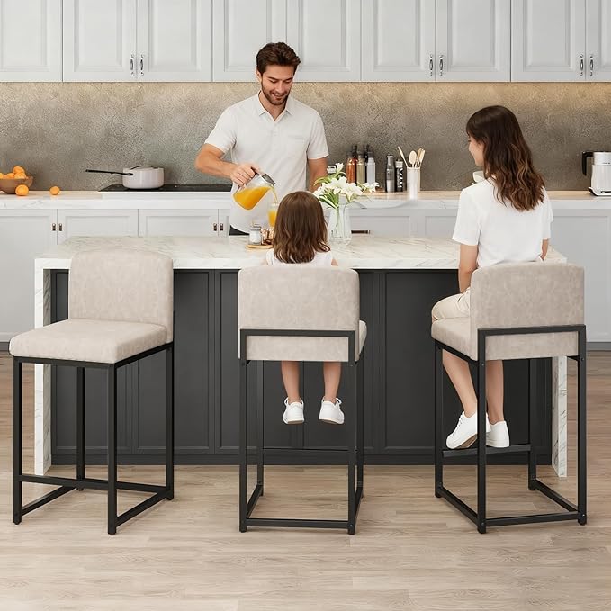 GarveeHome Bar Stools Set of 4, Modern Counter Height Bar Stools with Back and Footrest, Faux Leather Upholstered Barstools Chairs for Kitchen Island Dining Room Bar, Beige