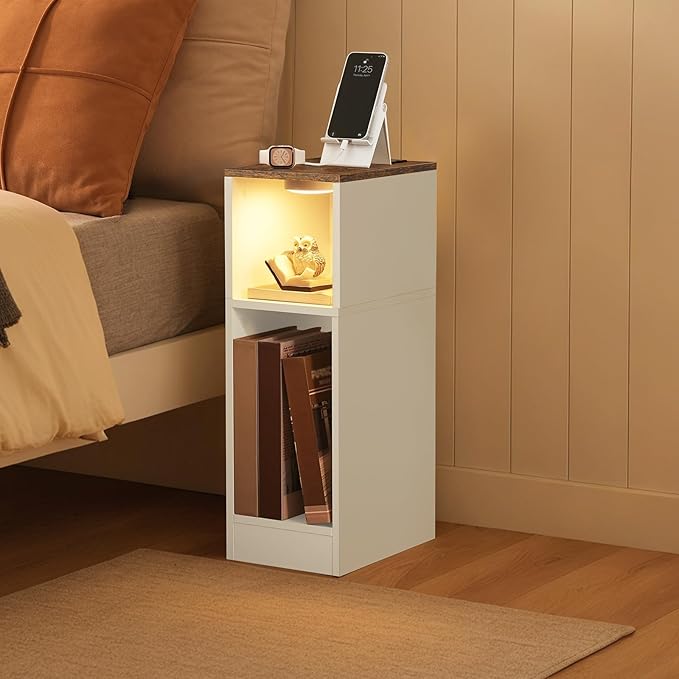 MAHANCRIS Narrow Nightstand with LED Light, Narrow End Table with Charging Station, Skinny Bedside Table for Small Spaces, Mid Century Modern Night Stand for Bedroom, Rustic Brown and White ETBR30E01