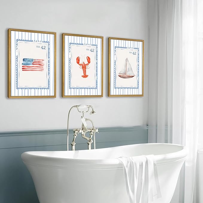 Wood Framed Blue Beach Stamp Set of 3 Canvas Poster Coastal Granddaughter Room Wall Art Decor Vintage Preppy Aesthetic Prints Artwork for Girly Dorm Apartment Ocean Home Decoration 16x24 Inch