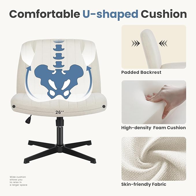 DUMOS Criss Cross Legged Chair Wide Comfy Home Office Desk Seat, No Wheels Armless Computer Task Seating, Swivel Vanity Chair Height Adjustable for Makeup Bedroom, Fabric Beige