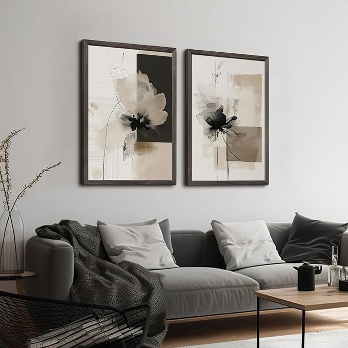 Tocliky Modern Abstract Floral Wall Art Minimalist Neutral Canvas Painting Decor Beige Cream And Black Wall Art Contemporary Flower Picture Prints for Living Room Bedroom 12x16 Inch Framed Set of 2