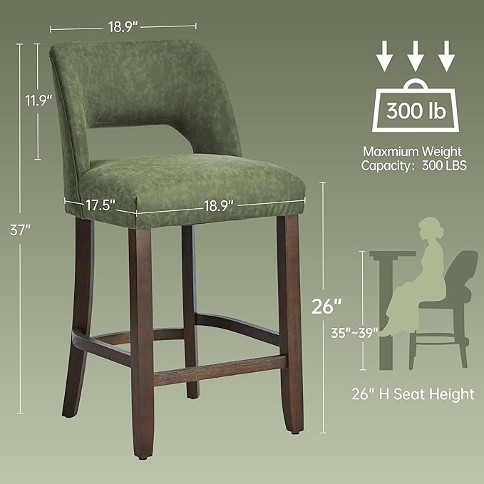 VKNOW 26" Bar Stools Set of 4, Faux Leather Counter Height Bar Stools with Backrest and Rubberwood Legs, Upholstered Barstools for Kitchen Island, Bar and Dining Room, Green