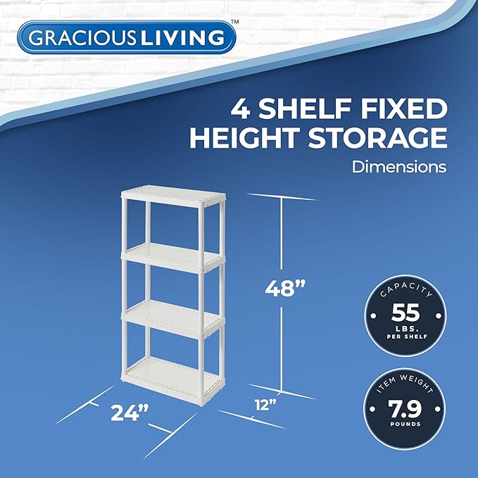 Gracious Living 4 Shelf Fixed Height Solid Light Duty Storage Unit 12 x 24 x 48 for Home, Garage, Basement, & Laundry, White (3 Pack)