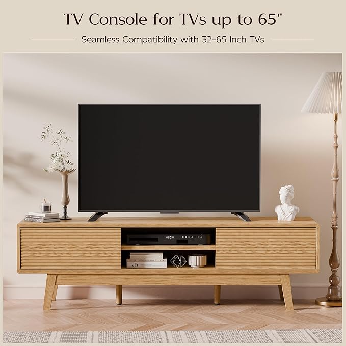 TOLEAD 59" Mid Century Modern TV Stand for TVs up to 65 Inch, Low Profile Entertainment Center with Fluted Sliding Doors & Storage, Wood TV Console Table for Living Room, Oak