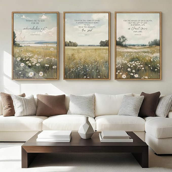 Anyzal Extra Large Framed Christian Wall Art 24x36 Inch Easter Bible Verse Canvas Artwork Scripture Wildflower Landscape Wall Decor for Living Room Bedroom Dining Room Set of 3