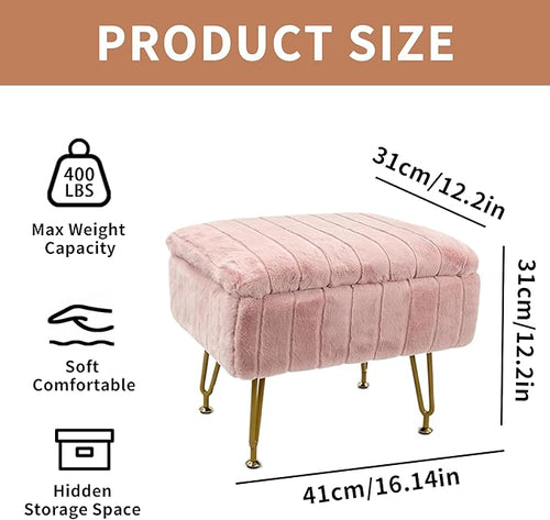 ACEQLYT® Small Foot Stool, Small Ottoman with Storage, Pink Furry Footstool with Soft Padded Seat & Gold Metal Leg
