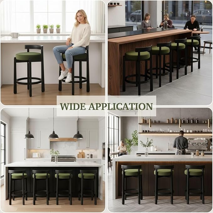 LukeAlon Mid Century Velvet Counter Stools Set of 4, Upholstered 26.5” Seat Height Low Barstools with Black Wood Legs Retro Modern Kitchen Stools with Footrest for Dining Room Bar Coffee Shop, Green