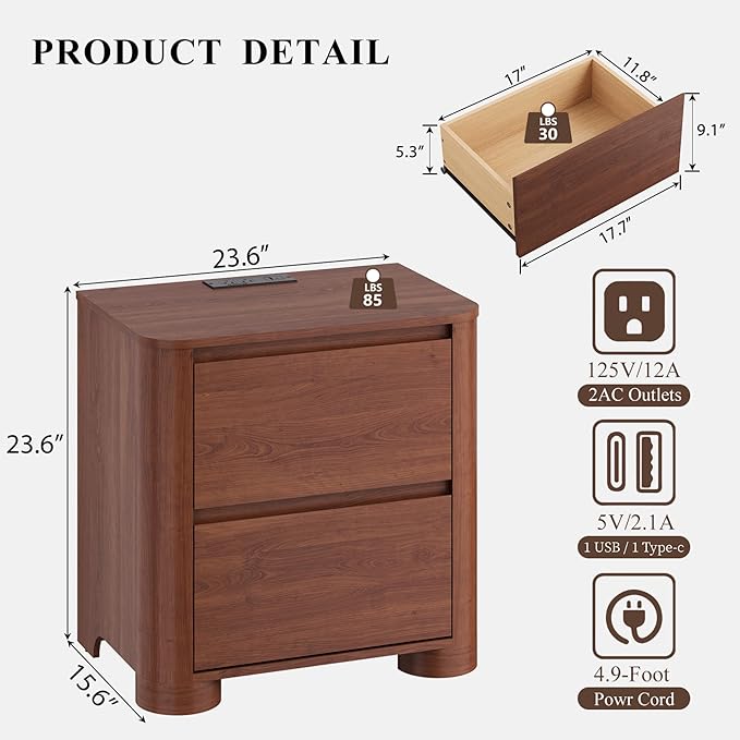 Walnut Nightstand with Charging Station, 23.6" Modern Night Stand with Unique Thickened Foot and 2 Storage Drawers, Bedside Table with Rounded Corner Design for Bedroom