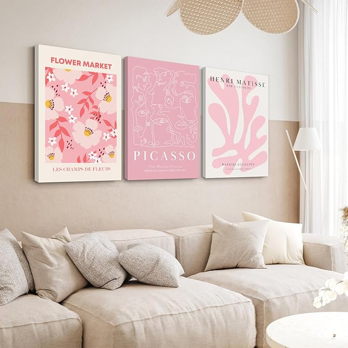 Matisse Abstract Wall Art Decor Pink Flower Canvas Pictures Picasso Aesthetic Wall Art Henri Matisse Prints Poster Abstract Flower Painting Market Artwork for Bedroom 12x16 Inch Framed Set of 3