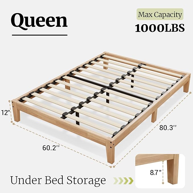 Awesofurni Queen Bed Frame, 12 Inch Solid Wood Platform Bed with Wooden Slats, Natural Finish Wood Bed Frame No Box Spring Needed, Noise Free - Easy Assembly