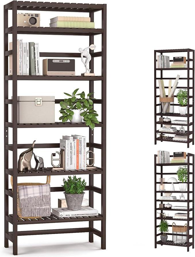 Homykic 6-Tier Bamboo Bookshelves and Bookcases, Adjustable 63.4”Tall Shallow Book Shelf Organizer Rack, Freestanding Storage Shelving Unit for Living Room, Kitchen, Bathroom, Office, Espresso