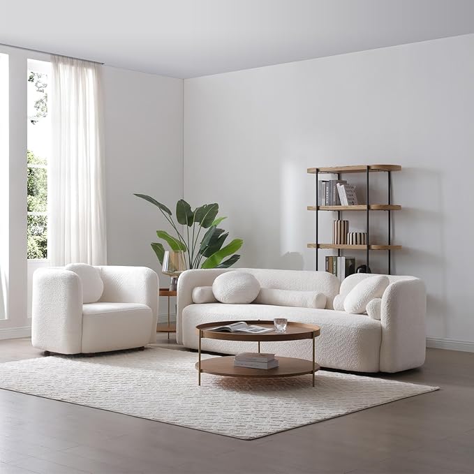 Curved Sofa Set for Living Room, 3-Seater Upholstered Boucle Fabric Modern Sofa Set of 3 Piece Couch Set Minimalist Sofa with Oversized Single Sofa Chair Modern Sofa Set Home Bedroom Office White