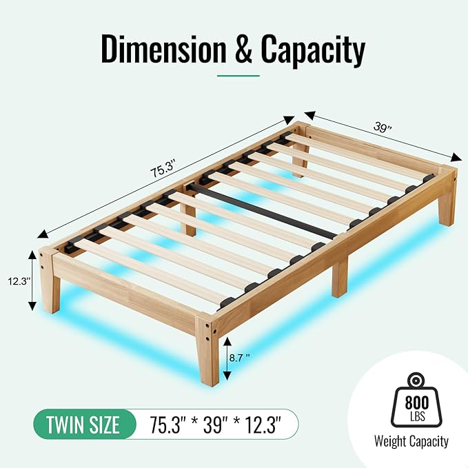 Twin Size Solid Wood Platform Bed with Led Light - Noise-Free Design with Metal and Wood Slat Support, No Box Spring Needed, Easy Assembly, Natural Wood Finish