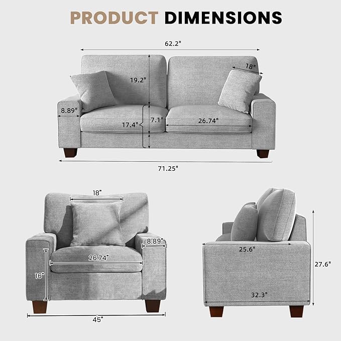 DOPEDIO Modern Living Room Sofa Set, 71.25" Chenille Loveseat with 2 Accent Chairs, Removable Covers, Spring Cushions, Solid Wood Frame, Easy Assembly（71.25inch+2 Single,Light Gray）