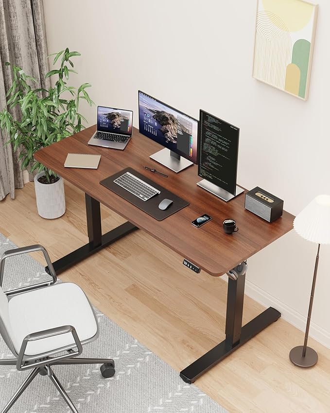 48" Electric Standing Desk Adjustable Height, Sit Stand up Desk for Home Office & Computer Workstation, 2 Memory Height Settings, Splice Board, 2 Hooks, Black Frame/Walnut Top