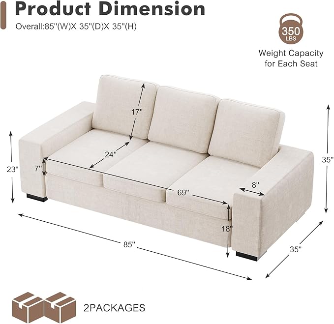 ELUCHANG 85" Modern Couches for Living Room, Natural Linen 3 Seat Sofa, Comfy Deep Seat Sofa, Spring Cushions, Removable Cover, Solid Wood Frame, Easy Assembly Loveseat for Small Space,Apartment,Beige | Breathable material, Easy to Assemble, Removable ...