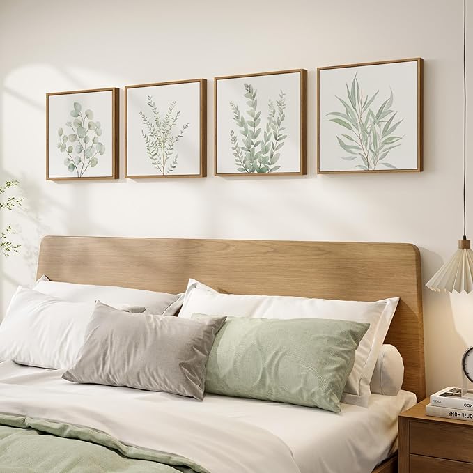Framed Botanical Boho Wall Art, Set of 4 Piece Sage Green Plant Leaf Picture Artworks for Walls, Minimalist Canvas Painting Prints for Bathroom Washroom Living Room Bedroom Office Wall Decor, 12x12 In