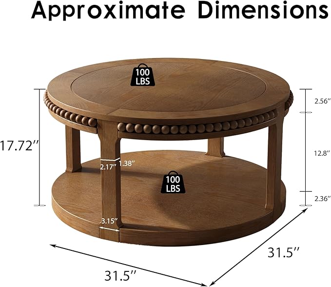 31.5" Round Wood Coffee Table, 2 Tier Modern Center Table,Solid Wood+MDF, Easy Assembly, Accent Table for Living Room, Apartment, Small Space. (Walnut)