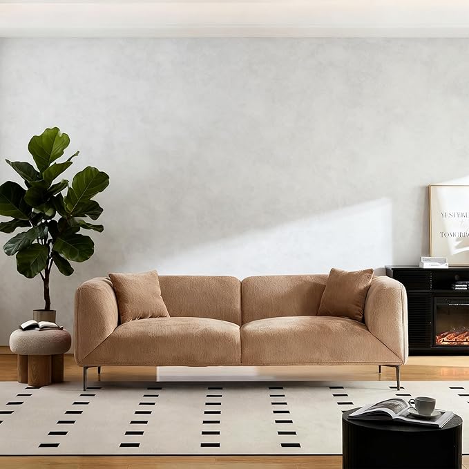 MEETAKING 82.68" Modern Sofa, 3-Seater Deep Seats Tuxedo Couch, Boucle Sofas with 2 Pillows, Minimalist Couches Straight with Metal Legs, High Armrests for Living Room,Bedroom,Home Office(Camel)