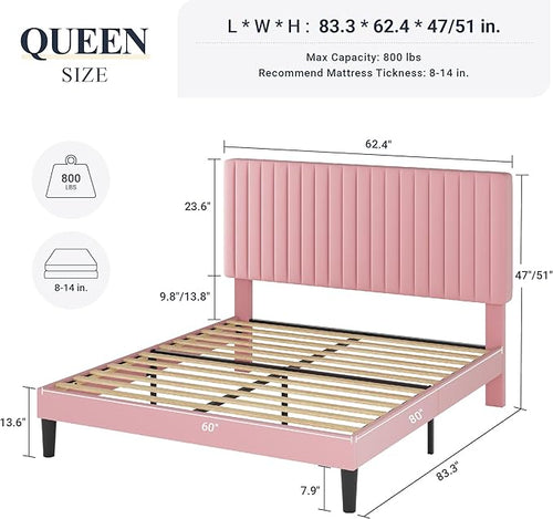 Allewie Queen Bed Frame, Velvet Upholstered Platform Bed with Adjustable Vertical Channel Tufted Headboard, Mattress Foundation with Strong Wooden Slats, Box Spring Optional, Easy Assembly, Pink