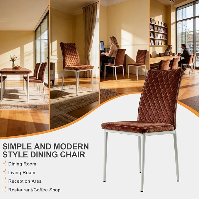 Dining Chairs Set of 2, Velvet Comfortable Seats, Mid-Century Modern Living Room Chairs, Upholstered Kitchen Chairs with Mental Legs and Padded Seat, Easy Assembly, Brown