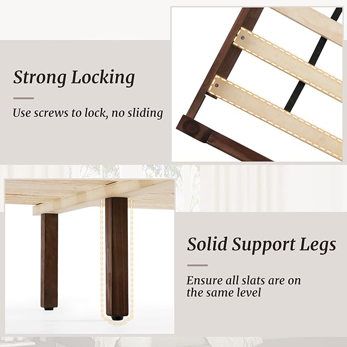 Cozyman Queen Bed Frame with Headboard, 100% Solid Acacia Wood Platform, 800lb Heavy Duty Support with 10 Reinforced Legs, Noise-Free No Box Spring Needed, Low-Profile Design, Walnut