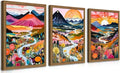 Wood Frame Boho Colorful Wall Art, Set of 3 Abstract Watercolor Mountain Landscape Wall Decor Paintings, Modern Flower Aesthetic Posters Prints for Living Room Bathroom Bedroom 16x24In Framed