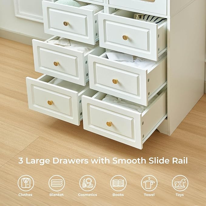 69.5" H Armoire Wardrobe Closet, Wood Bedroom Armoires Cabinet with Mirror Door and 3 Drawers, White Clothing Storage Cabinet with Hanging Rod & Sensor Light for Bedroom(Left)
