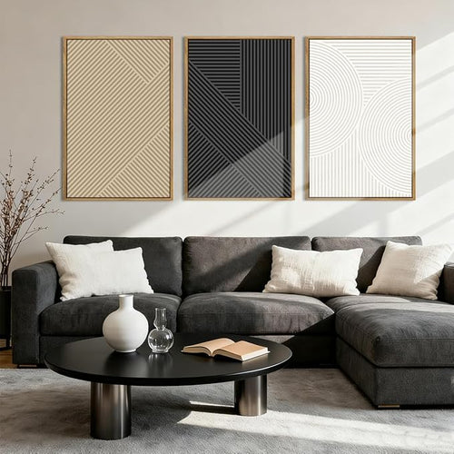Anyzal Extra Large Black Abstract Framed Wall Art 24x36 Inch Neutral Modern Canvas Wall Decor Boho Minimalist Artwork for Living Room Bedroom Dining Room Set of 3