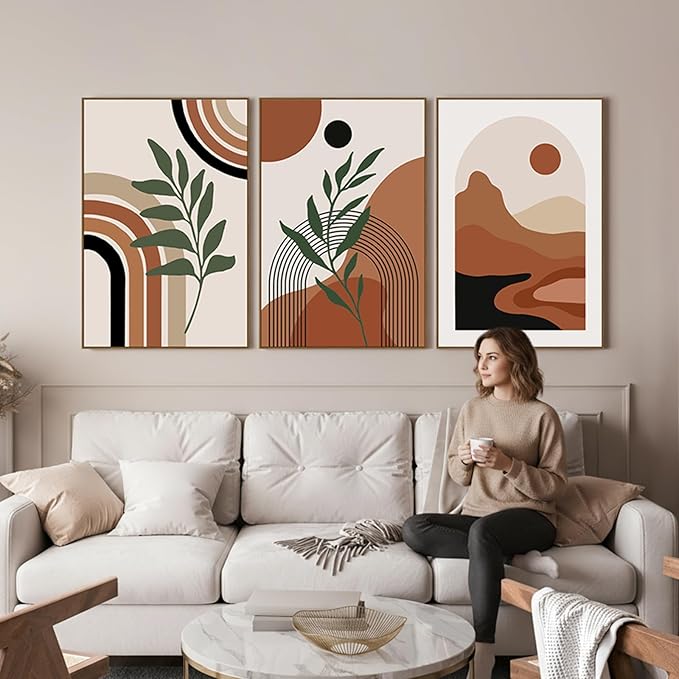 SAFERRYHOME Large Boho Abstract Wall Art, Mid Century Bohemian Wall Decor Framed Canvas Set of 3, Modern Minimalist Artwork Botanical Painting Prints Pictures for Living Room Bedroom Bathroom, 24x36inch