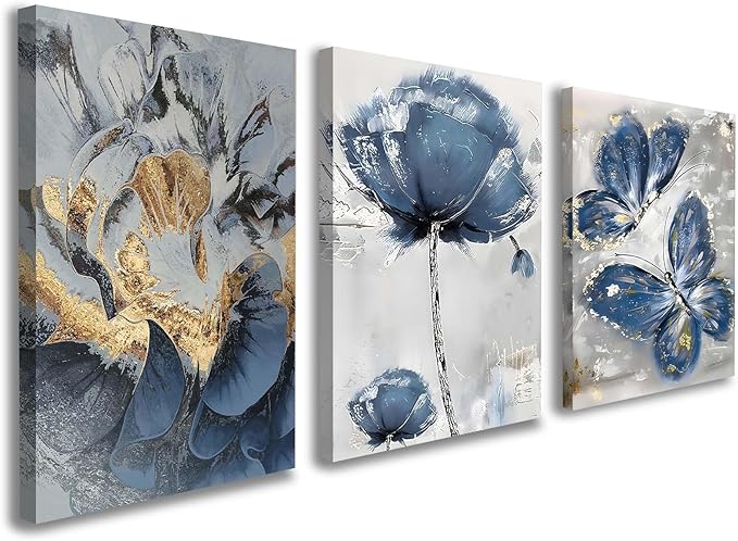3 Piece Wall Art Framed Canvas Wall Art Blue and Gold Butterfly and Flower Pictures Wall Decor for Living Room Bedroom Bathroom Office – Ready to Hang with Hooks and Nails, 12x16 Inch