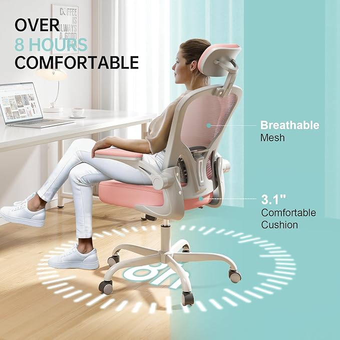 Office Chair Ergonomic Desk Chair, 330LBS Capacity, High Back Computer Design for Long Hours Comfort, Rolling Swivel Executive Task for Home Office with Flip-up Armrests, Grey Pink