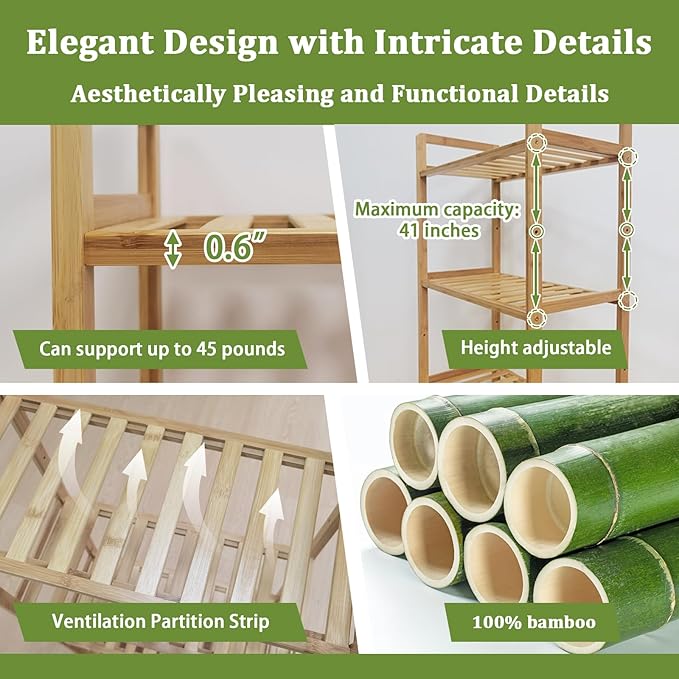 Bamboo Bathroom Shelf Organizer, 4 Tier Wooden Bathroom Rack with Adjustable Shelves, Free Standing Shelving Unit Open Bookcase Plant Shelf Indoor, 39" Storage Shelves for Kitchen Living Room