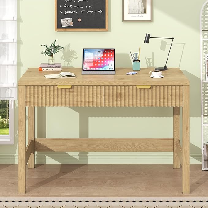 YOMILUVE Fluted Computer Desk with 2 Drawers, 39 Inch Small Computer Desk with Storage, Compact Writing Study Desk for Small Spaces