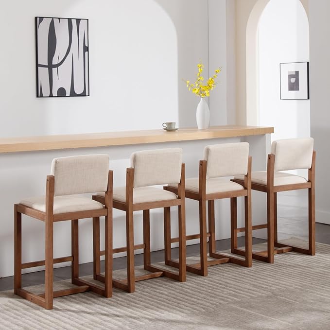 DUOMAY Modern Bar Stools Set of 4, 26" Counter Height Barstools, Linen Upholstered Kitchen Island Chair with Wood Legs for Home Bar Coffee Shop, Beige